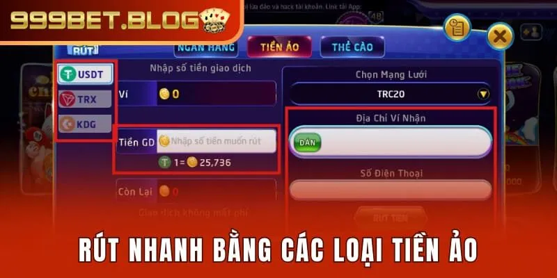 Rút nhanh bằng các loại tiền ảo